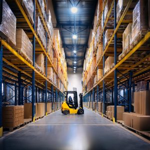 lagerhall med en gaffeltruck