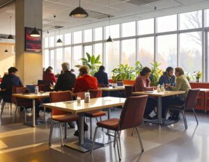 flera personer sitter och äter i en matsal