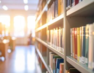 böcker i hyllor på ett bibliotek