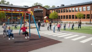 skolgård med lekande barn